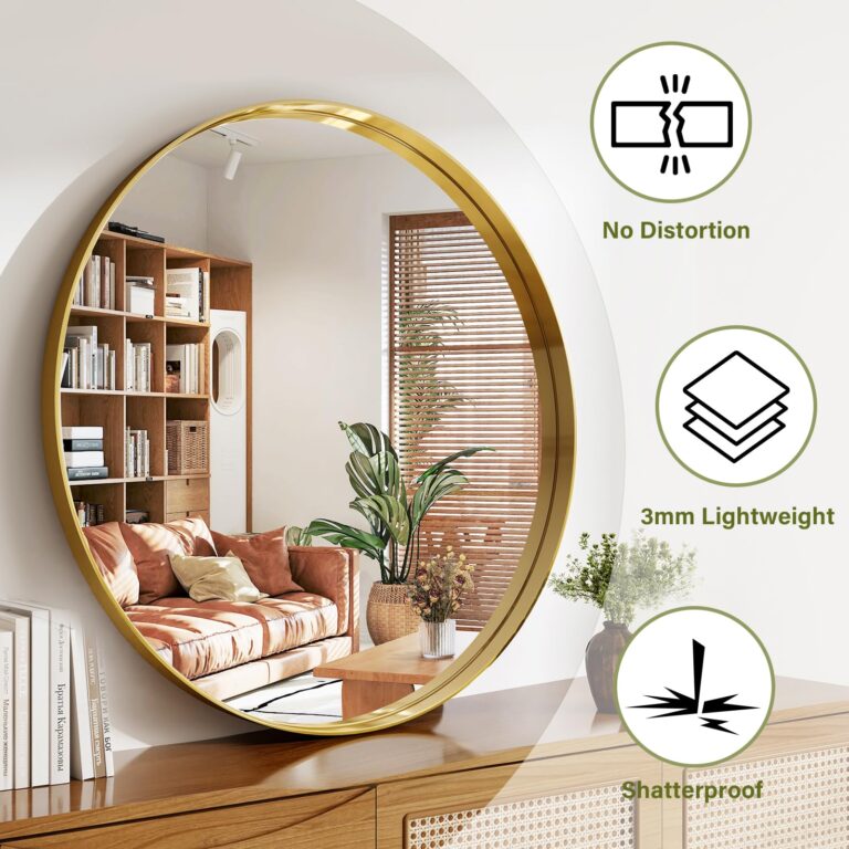 Easly 36 Inch Gold Round Bathroom Mirror - Wall Mounted Circle Mirror with Metal Frame, Modern Mirror Suitable for Bathroom, Vanity, Entryway, Living Room, Wall Decor - Image 6