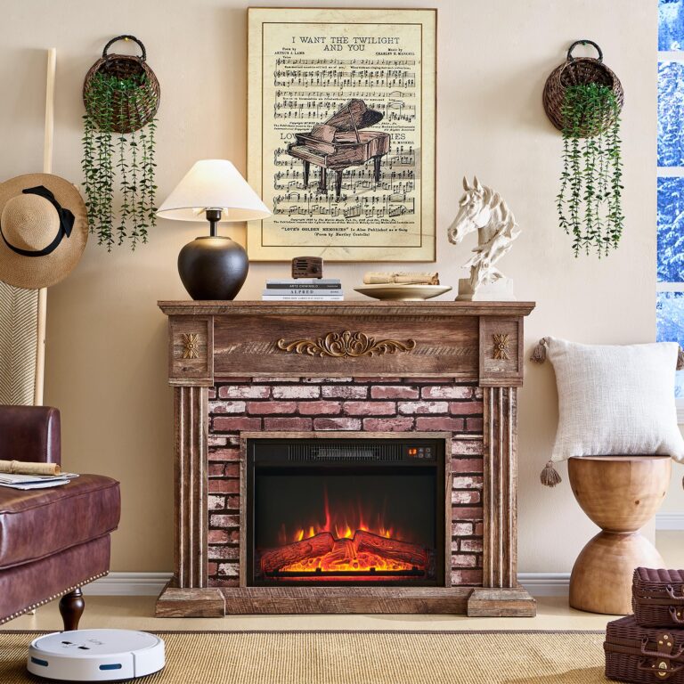 43" Electric Fireplace with Mantel, Electric Fireplace Heater, TV Stand w/Freestanding Electric Fireplaces, Stacked Stone Surround, Remote Control, Adjustable Flame Level for Living Room (Light Brown) - Image 6