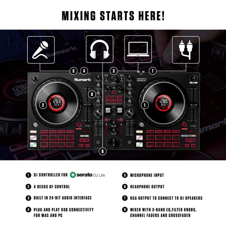 Numark Mixtrack Platinum FX - DJ Controller For Serato DJ with 4 Deck Control, DJ Mixer, Built-in Audio Interface, Jog Wheel Displays and FX Paddles - Image 9