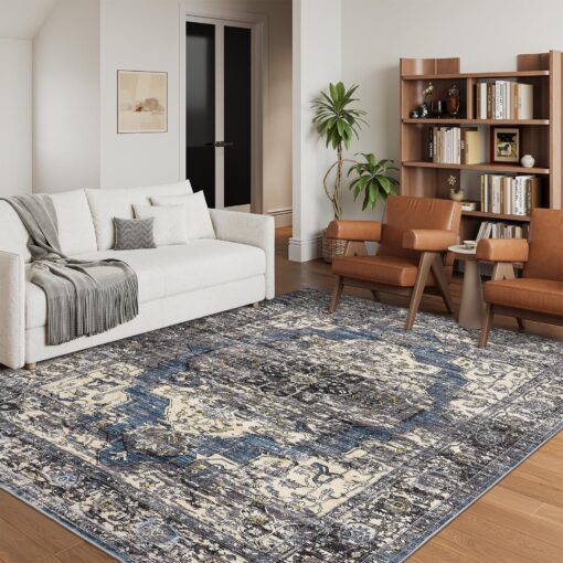 befbee 8x10 Area Rugs for Living Room, Stain Resistant Neutral Washable Rugs for Dining Room, Floral Vintage Non-Slip Thin Large Size Area Rug (Blue/Black)
