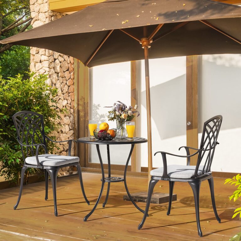 NUU GARDEN Bistro Set 3 Piece Outdoor Cast Aluminum Patio Bistro Set Patio Table and Chairs Set of 2 with Umbrella Hole and Gray Cushions, Black - Image 8