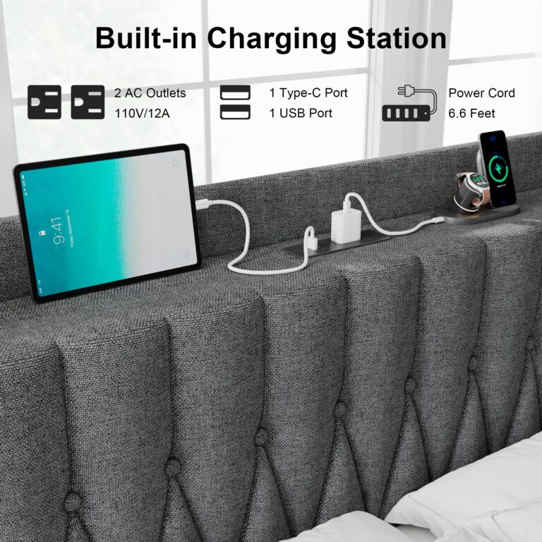 Feonase Linen Queen Bed Frame with Fast Charging Station,Queen Metal Platform Beds with Upholstered Headboard & Footboard,12" Underbed Storage Space,Easy Assembly,Noise-Free,Black Gray - Image 5