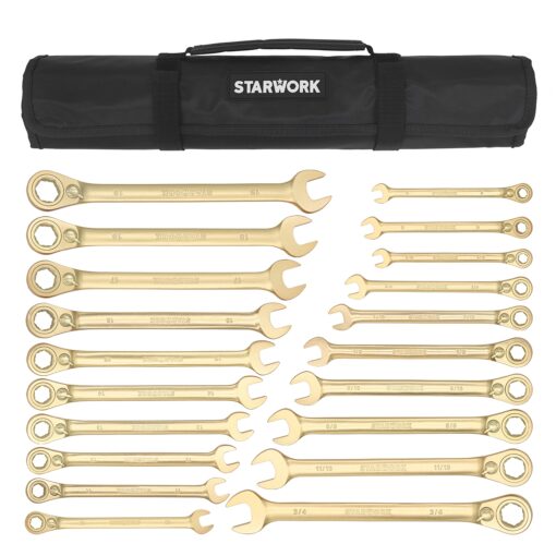 STARWORK 20 Pc. 6-Point SAE, Metric 15° Offset Vintage G-Plating Reversible Non-Slip Long Pattern Ratcheting Combination Wrench Set (5/16" -3/4" & 8-19 mm)