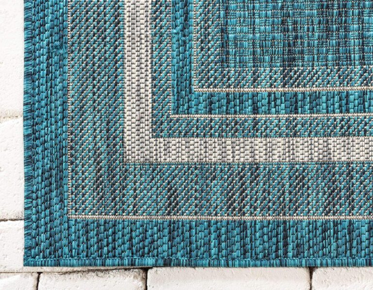 Unique Loom Outdoor Border Collection Area Rug - Soft Border (8'x 11' 4" Rectangle, Teal/ Ivory) - Image 2