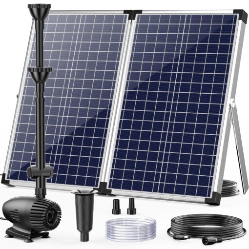 POPOSOAP 70W Solar Water Pump, Solar Water Fountain with Water Shortage Protection, Solar Pond Pump 580GPH Adjustable with PVC Clear Tubing, 17Ft+10Ft Cord for Ponds, Garden, Waterfall, Hydroponics