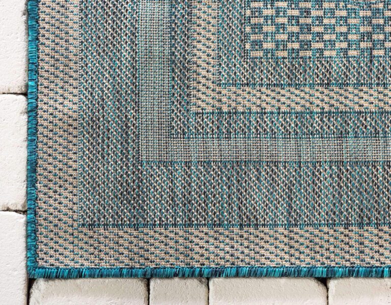 Unique Loom Outdoor Border Collection Area Rug - Soft Border (8'x 11' 4" Rectangle, Teal/ Ivory) - Image 3