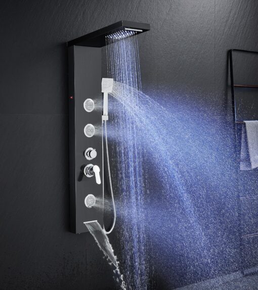 TSIBOMU Multi-Function LED Lights Shower Panel System Black, 5 in 1 Shower Panel Include Rainfall & Waterfall Shower Head, 3 Pcs Adjustable Massage Jets, Handheld Shower, Tub Spout