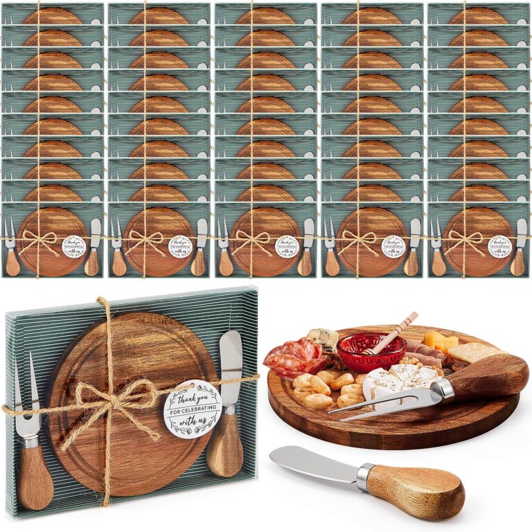 Maxcheck 50 Sets Bridal Shower Baby Prizes Cheese Board Set Wood Round Mini Charcuterie Board with Knives and Forks Bulk Thank You Tags with Bridal Shower Gift Box for Guests Wedding Party (Acacia)