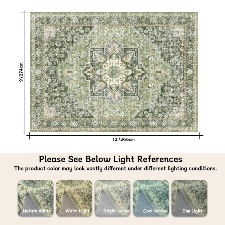9×12 Machine Washable Rug for Living Room, Boho Vintage 9×12 Area Rug，Distressed Accent Low Pile Ultra Soft Large Carpet for Bedroom Bathroom Dining Room, Floral/Green - Image 2
