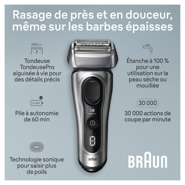 Braun Series 8 Electric Razor for Men, with 4+1 Shaving Elements & Precision Long Hair Trimmer, Close & Gentle Even on Dense Beards, Wet & Dry Electric Razor with 60min Runtime, 8517s Galvano Silver - Image 4