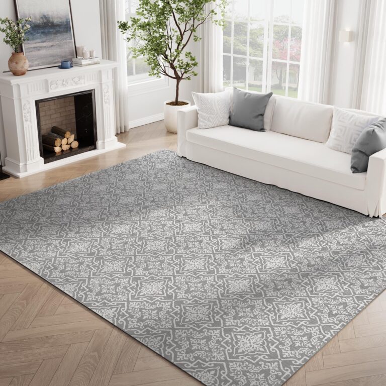 jinchan Boho Area Rug 8x10 Moroccan Washable Rug Indoor Floor Cover Accent Carpet Floral Tile Print Mat Soft Non Slip Carpet for Kitchen Living Room Bedroom Dining Room Farmhouse Decor Grey