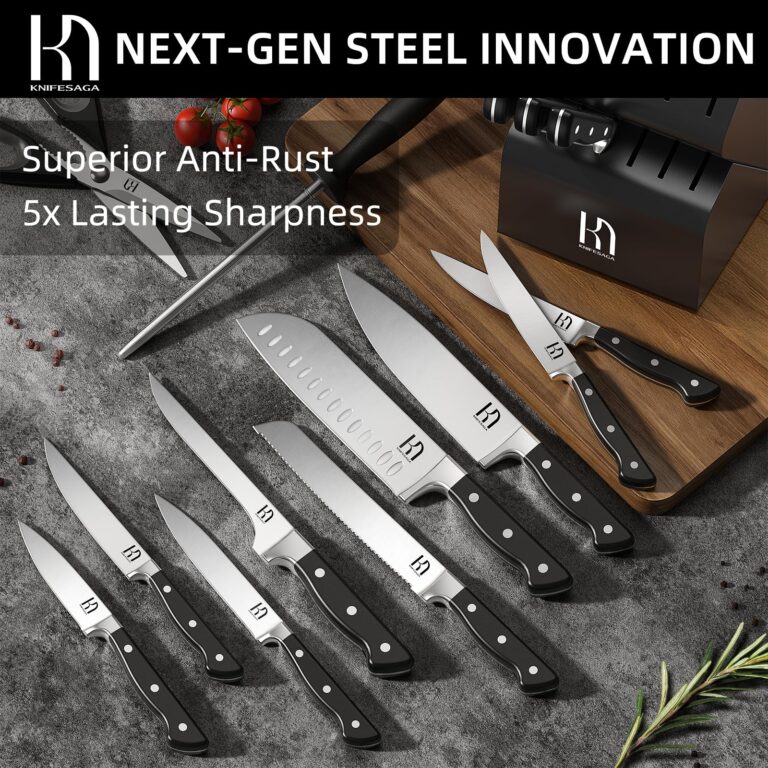 KnifeSaga Knife Set, 15 Pcs Kitchen Knife Block Set, Enduring Razor-Sharp Japanese High Carbon Stainless Steel Chef Knife Set with Block and Sharpener, Premium Black Knives Set for Kitchen - Image 4