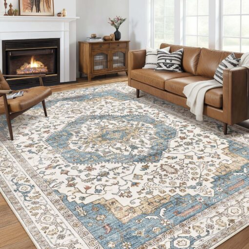 Area Rug for Living Room - 9x12 Soft Washable Oriental Vintage Floral Distressed Large Carpet - Fade Stain Resistant Non Slip Rugs for Bedroom Dining Room Nursery Dorm Office Home Decor - Blue/Beige