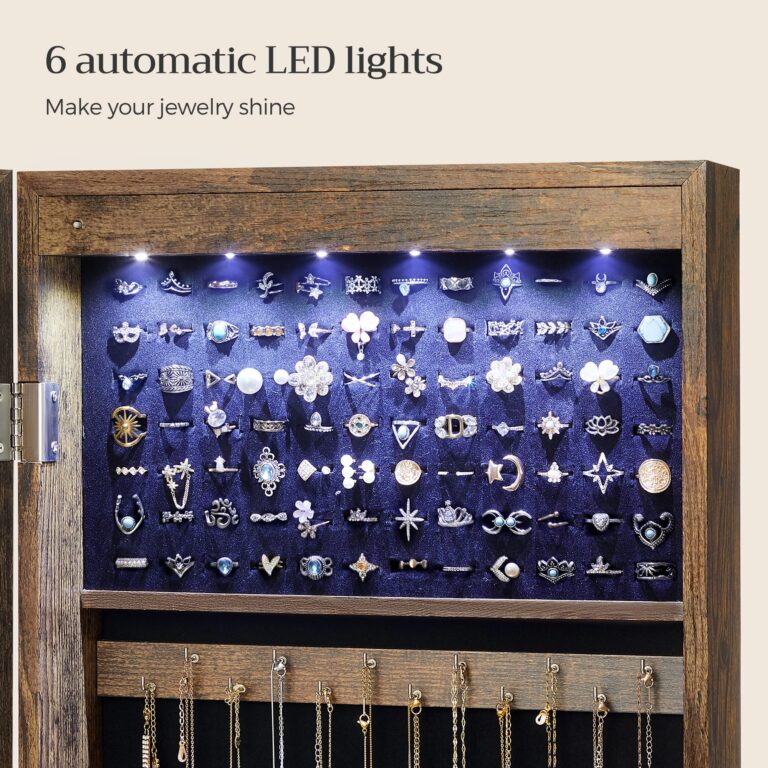 SONGMICS 6 LEDs Mirror Jewelry Cabinet, 47.2-Inch Tall Lockable Wall or Door Mounted Jewelry Armoire Organizer with Mirror, 2 Drawers, 3.9 x 14.6 x 47.2 Inches, Rustic Brown UJJC93CB - Image 7