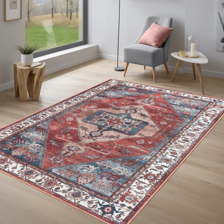 Adiva Rugs 8x10 Machine Washable Area Rug with Non Slip Backing for Living Room Bedroom Bathroom Kitchen Mats for Floor Decor Anti Fatigue Non Skid Door Carpet (Multi Coral Navy Teal, 8' x 10')