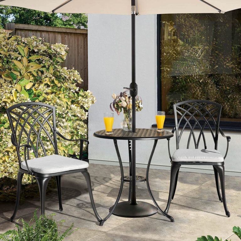 NUU GARDEN Bistro Set 3 Piece Outdoor Cast Aluminum Patio Bistro Set Patio Table and Chairs Set of 2 with Umbrella Hole and Gray Cushions, Black - Image 2