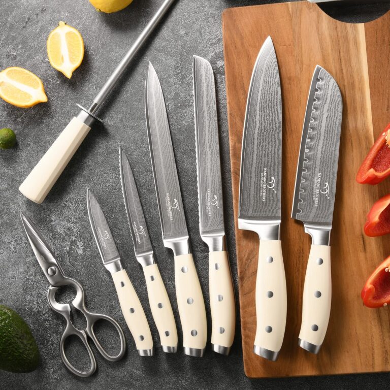 Damascus Kitchen Knife Set, 9 Pieces With Block, White ABS Triple Rivet Ergonomic Handle for Chef Knives, Sharpener and Shears - Image 4