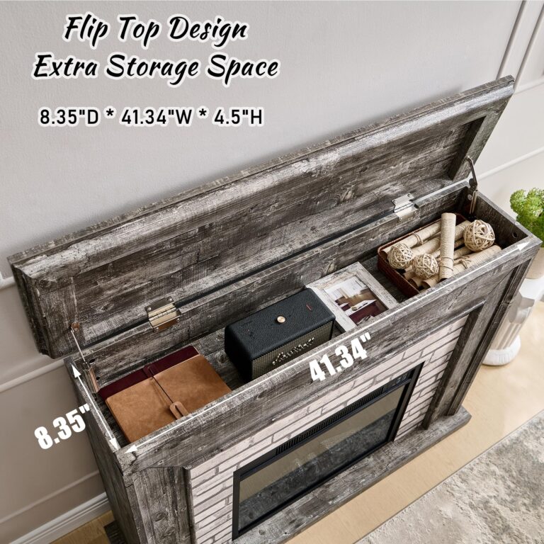 Aitjunz 45" Flip Top Electric Fireplace with Mantel, Electric Fireplace Heater, TV Stand with Freestanding Electric Fireplaces, Remote Control, Adjustable Flame Level for Living Room (Light Grey) - Image 5