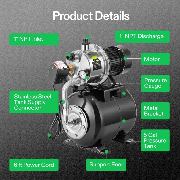 VIVOSUN 1.6 HP Shallow Well Pump with Pressure Tank, NSF Certified, 1320 GPH, Stainless Steel, Automatic Water Booster Jet Pump with Two Adapters for Home, Garden, Lawn - Image 4
