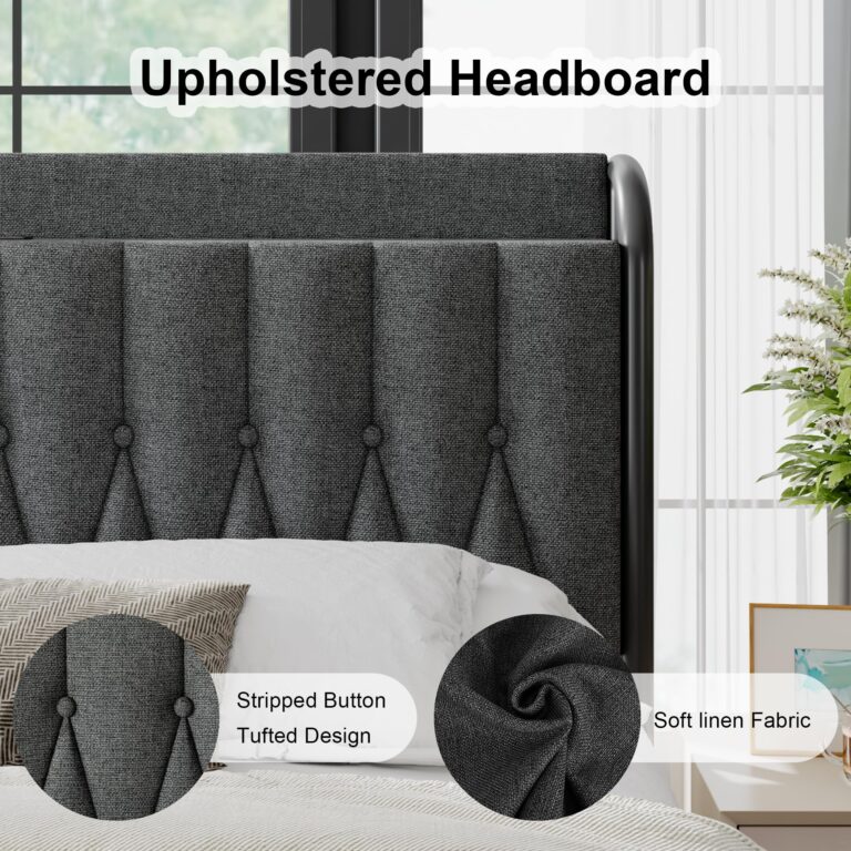 Feonase Full Bed Frame with Type-C & USB Port, Metal Platform Beds, with Linen Upholstered Headboard & Footboard, 12" Underbed Storage Space, Easy Assembly, Noise-Free, Dark Gray - Image 5