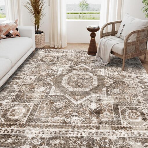 EASERUG Machine Washable Rug 9' x 12' Vintage Design Area Rugs with Non Slip Rugs for Living Room Bedroom Carpet Stain Resistant, Home Decor Office Boho Rug, Ivory