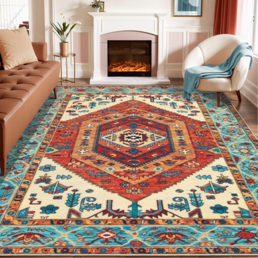SERISSA Boho Area Rug 8x10 Orange, Washable Large Rugs for Living Room, Ultra Soft Non-Slip Bedroom Rug Print Distressed Vintage Tribal Farmhouse Carpet Rug for Dining Room Dorm Office Home Decor