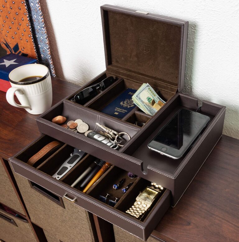 Mens Watch Box Leather Valet Tray - Bedside Table Organizer, Men's Jewelry Box, Watch Case for Men with Large Smartphone Charging Station - Jewelry Box for Men with Valet Box and Nightstand Organizer - Image 2