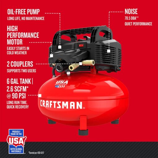 Craftsman Air Compressor, 6 Gallon, Pancake, Oil-Free (CMEC6150K) and Camco Blow Out Plug With Brass Quick Connect (36143) - Image 6