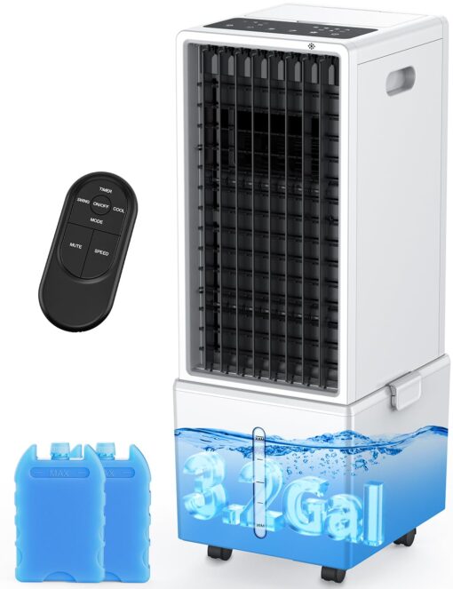 COOLECH 4-IN-1 Portable Air Conditioners w/3.2-Gal Tank for 24H Cooling, 4 Powerful Wind Speeds & 4 Modes, LED Touch Screen, Waterless Alert System & 12H Timer, Remote, Evaporative Air Cooler for Home