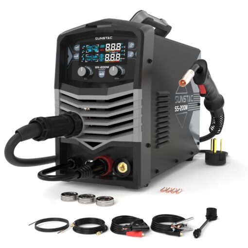 Sunstac MIG Welder, 200A 110V/220V MIG/Flux Core/Spool Gun/Lift TIG/Stick 5 in 1 Aluminum MIG Welding Machine, IGBT Inverter Synergic Control, Digital Screen Display, Over Loading Protection