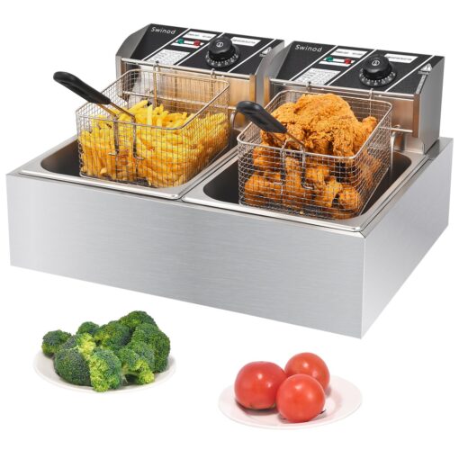 Commercial Deep Fryer with Baskets, 3400W 12.7QT/12L Thickened Stainless Steel Countertop Electric Oil Fryer, Large Capacity with Temperature Control