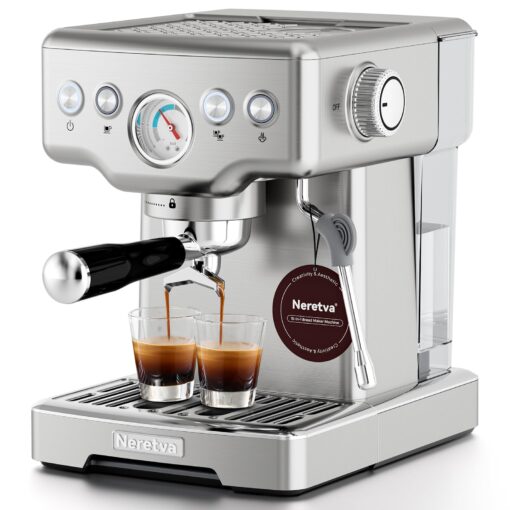 Neretva Espresso Machine, 2 in 1 Stainless Steel Coffee and Espresso Maker Combo, 1450 W, 15 Bar Espresso Coffee Machine for Espresso, Latte, Macchiato, Cappuccino, Ideal for Home, Barista (Silver)