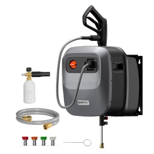 Giraffe Tools Grandfalls Pressure Washer G20 Pro, 2500 PSI 2.2 GPM, Wall Mounted Power Washer with 65FT Hose Reel, Ultra-Soft Pressure Hoses, 4 Nozzles for Floor/Cars/Fences/Patios, Dark Silver