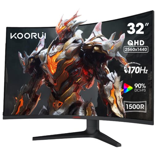 KOORUI 32 inch Curved Gaming Monitor - QHD (2560 x 1440) 2K Display, 170Hz 144Hz Monitor, 1500R Curvature, 1ms, HDR10, Adaptive Sync, Tilt Adjustable, DisplayPort HDMI, Black - 32E6QC
