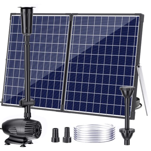 POPOSOAP 55W Solar Water Pump, Solar Water Fountain with Water Shortage Protection, Solar Pond Pump Water Flow Adjustable with PVC Tubing, 17Ft +10Ft Cord for Ponds, Garden, Waterfall, Hydroponics