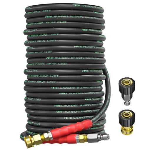 POHIR 3/8" Pressure Washer Hose 150FT 4800psi Kink Resistant High Tensile Wire Braided Power Washer Hose Cold & Hot Water Max 248℉ 2pcs 3/8" Quick Connect to M22 14mm Accessories