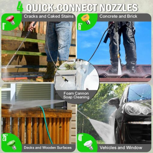 Zelonpro Electric Pressure Washer, 4800PSI 3.2 GPM Power Washer 2025 Upgraded with 55FT Cleaning Range, 4 Nozzles, Foam Cannon, High Pressure Cleaning Machine for Cars, Homes, Patios, Fences, Green - Image 5