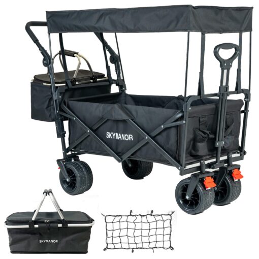 SKYMANOR Collapsible Wagon Folding Garden Cart with Removable Canopy Utility Wagon Cart with All-Terrain Wheels Brake Beach Cart for Sand Heavy Duty Beach Wagon for Camping Shopping (Black)