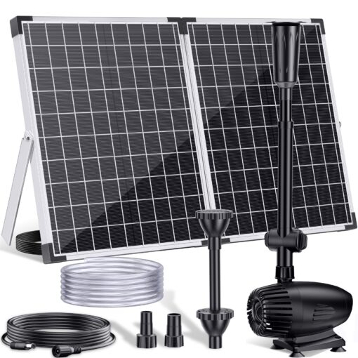 POPOSOAP 55W Solar Fountain Pump, 480GPH Solar Pond Pump with Dry-Run Protection, Solar Powered Water Pump with 17Ft Cord & 10Ft Extension Cable, PVC Tubing for Ponds, Garden, Waterfall, Hydroponics