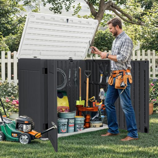 DWVO 47 cu ft Spacious Horizontal Storage Unit, Outdoor Resin Tool Locker Without Shelf, Waterproof Lockable Container with Base for Gardening, Waste Bins, Grass Cutter, 4.5x2.8x3.9 ft, Dark Gray - Image 2