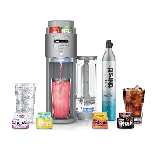 Ninja Thirsti Max Custom Hydration System, Soda Maker, Sparkling Water Maker, Custom Still & Sparkling Drinks, Compact Design, With 60L CO₂ Cylinder & Flavored Water Drops, Silver WC2002