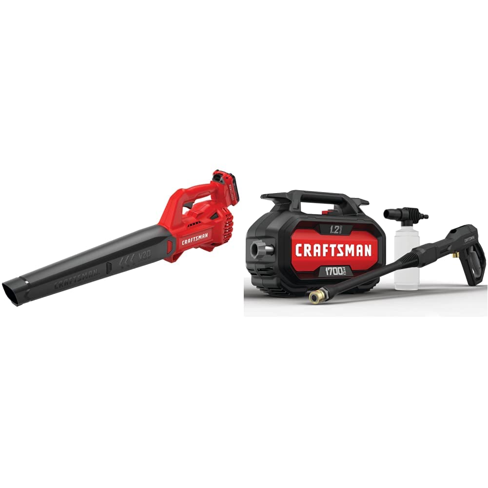 CRAFTSMAN 20V MAX Cordless Leaf Blower Kit with Battery & Charger Included (CMCBL710D1) Red | Craftsman Electric Pressure Washer, Cold Water, 1700-PSI, 1.2-GPM, Corded (CMEPW1700)
