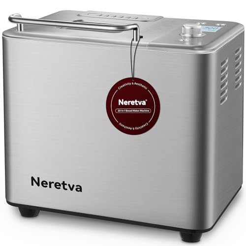 Neretva 20-IN-1 Bread Maker, Dual Heater 2LB Bread Machine Stainless Steel Bread Maker Machine Nonstick Ceramic Pan Compact for Gluten Free/Sourdough/Whole Wheat Bread/Yogurt, Breadmaker Recipe-Silver