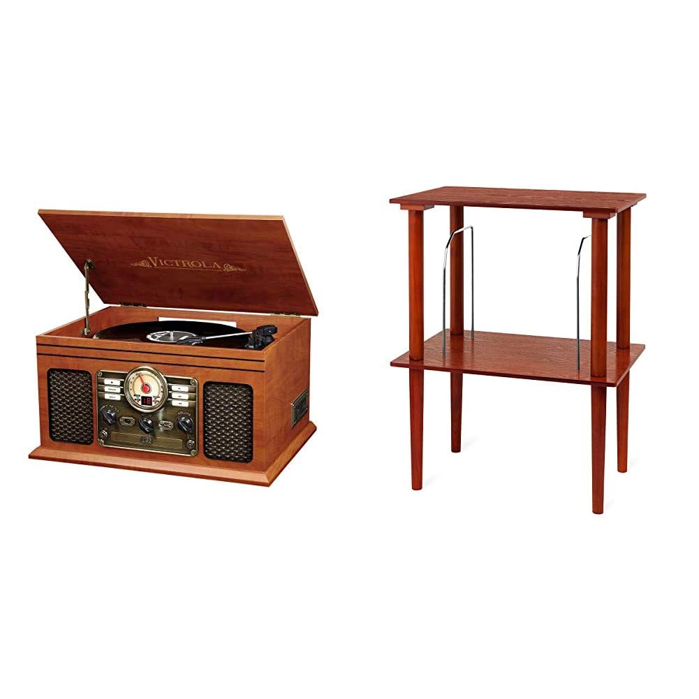 Victrola Nostalgic 6-in-1 Bluetooth Record Player & Multimedia Center Bundle with Wooden Stand and Record Holder