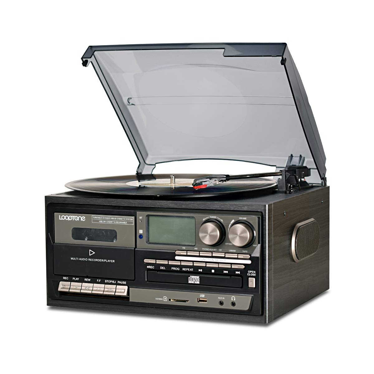 LoopTone Vinyl Record Player 9 in 1 3 Speed Bluetooth Vintage Turntable CD Cassette Player AM/FM Radio USB Recorder Aux-in RCA Line-Out (Black Edition)