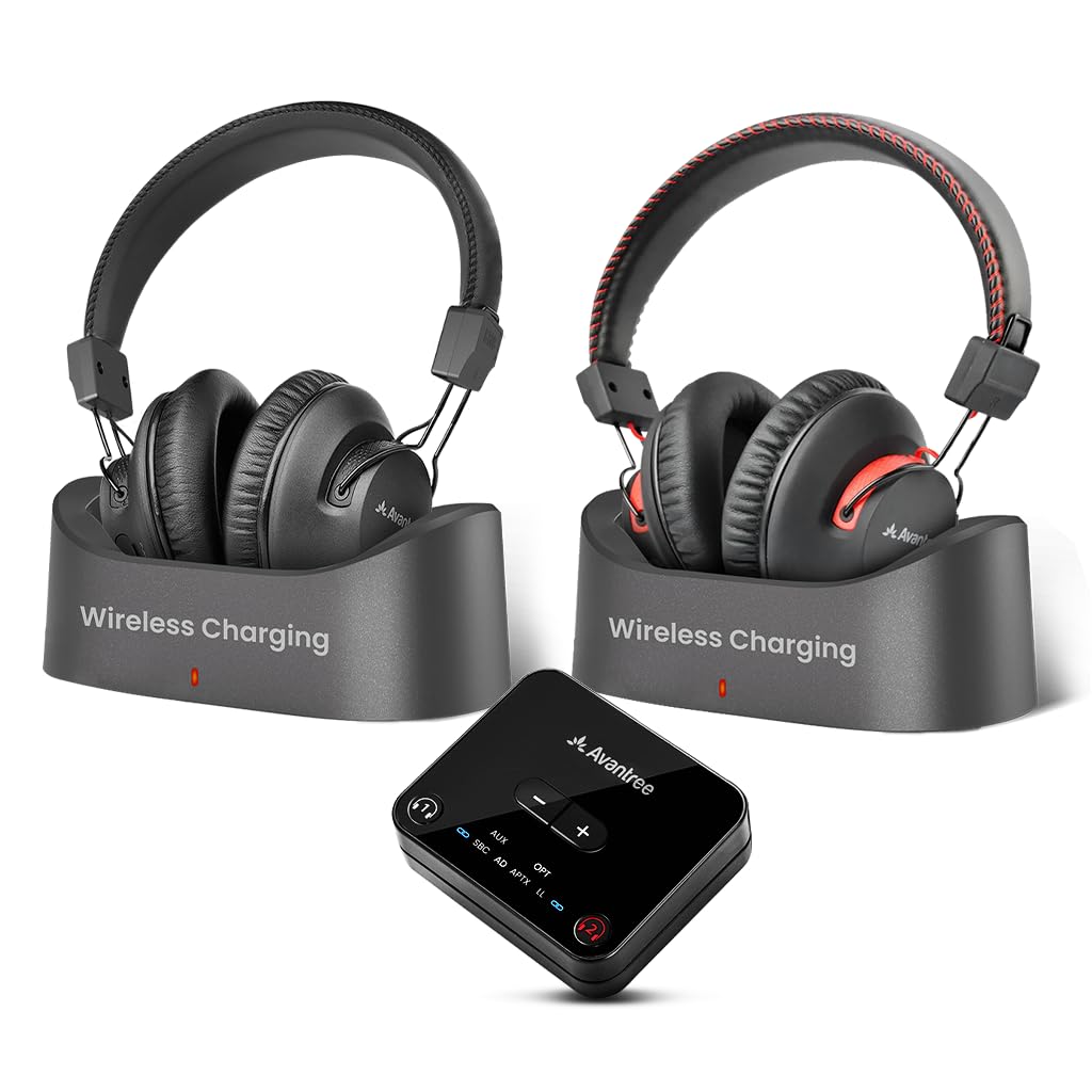 Avantree HT41899 Plus 2 [2025 Upgrade] - Dual Bluetooth 5.3 Wireless Headphones for TV Watching with Transmitter & Charging Docks, aptX Adaptive & Low Latency, Compatible with Optical & 3.5mm AUX TVs