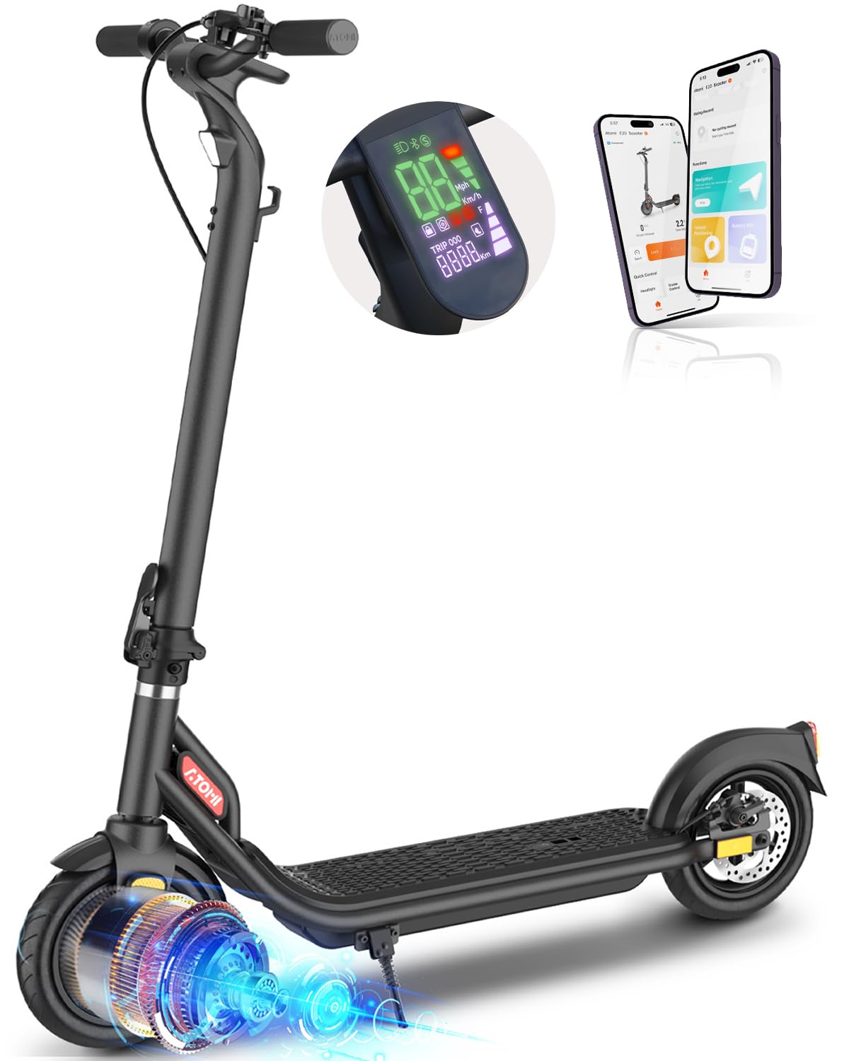 Atomi Electric Scooter E20, 500W Motor Electric Scooter with 19 Miles Long Range, 15.6 Mph Speed, Portable Folding Commuting Scooter for Adults with Double Braking System and Smart App