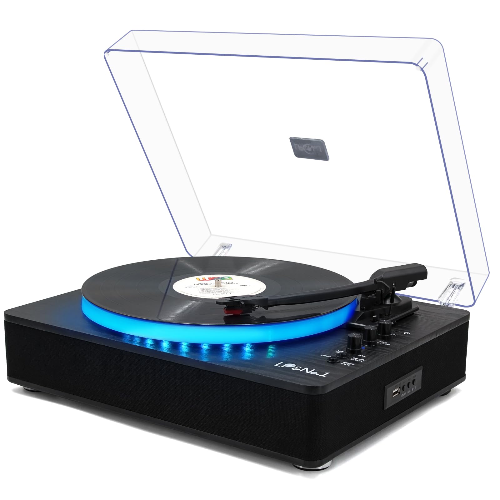LP&No.1 Record Player with Built-in Stereo Speakers, LED Control, 3-Speed Belt-Drive Vinyl Turntable with USB Playback & Recording, Wireless Input & Output, Auto Stop, Pitch Control | Black