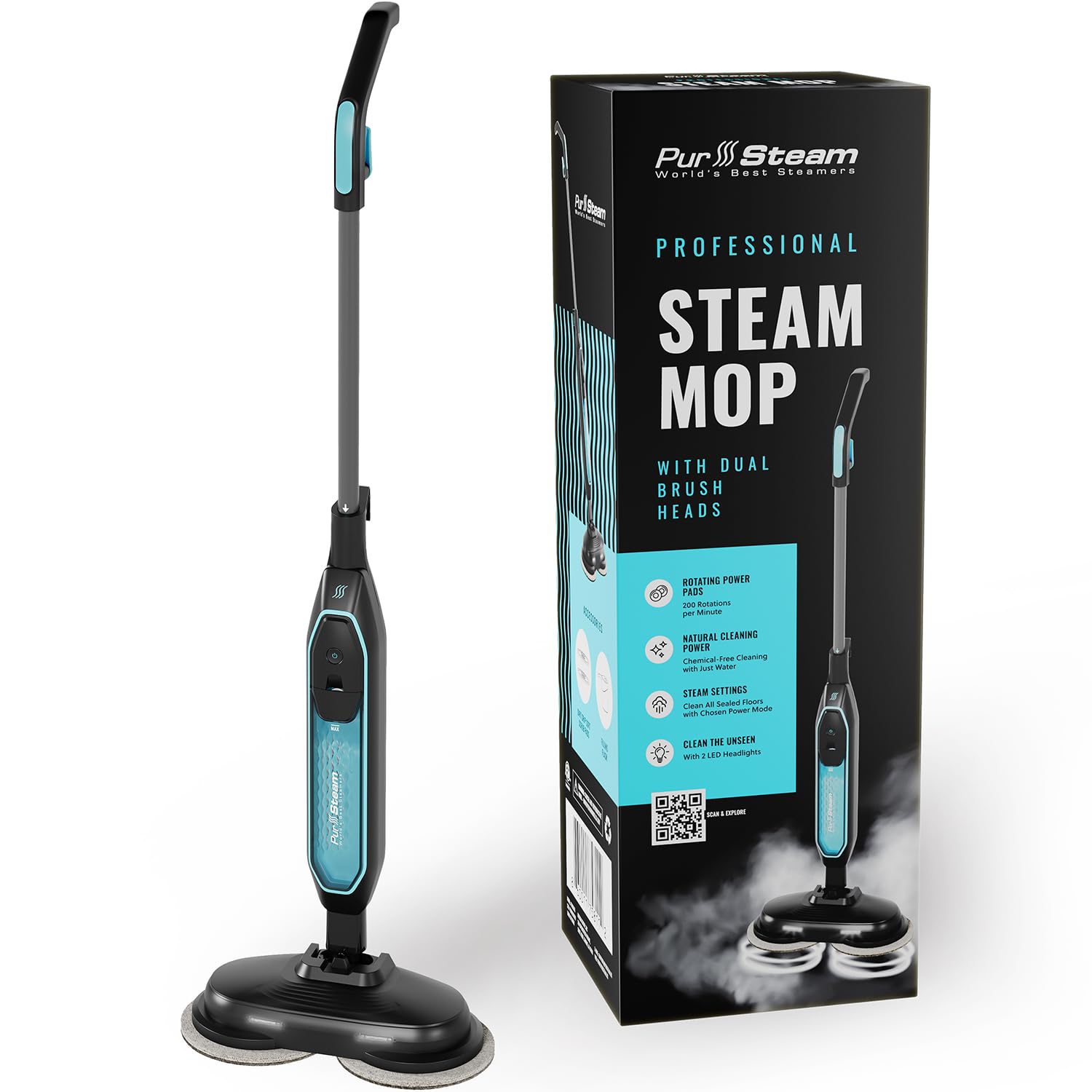 Pursteam World's Best Steamers ScrubMaster Steam Mop with Dual Scrubbing Head, LED Headlights, Adjustable Steam Control, Anti-Slip Swivel Head, Cable Holder & Upright Lock
