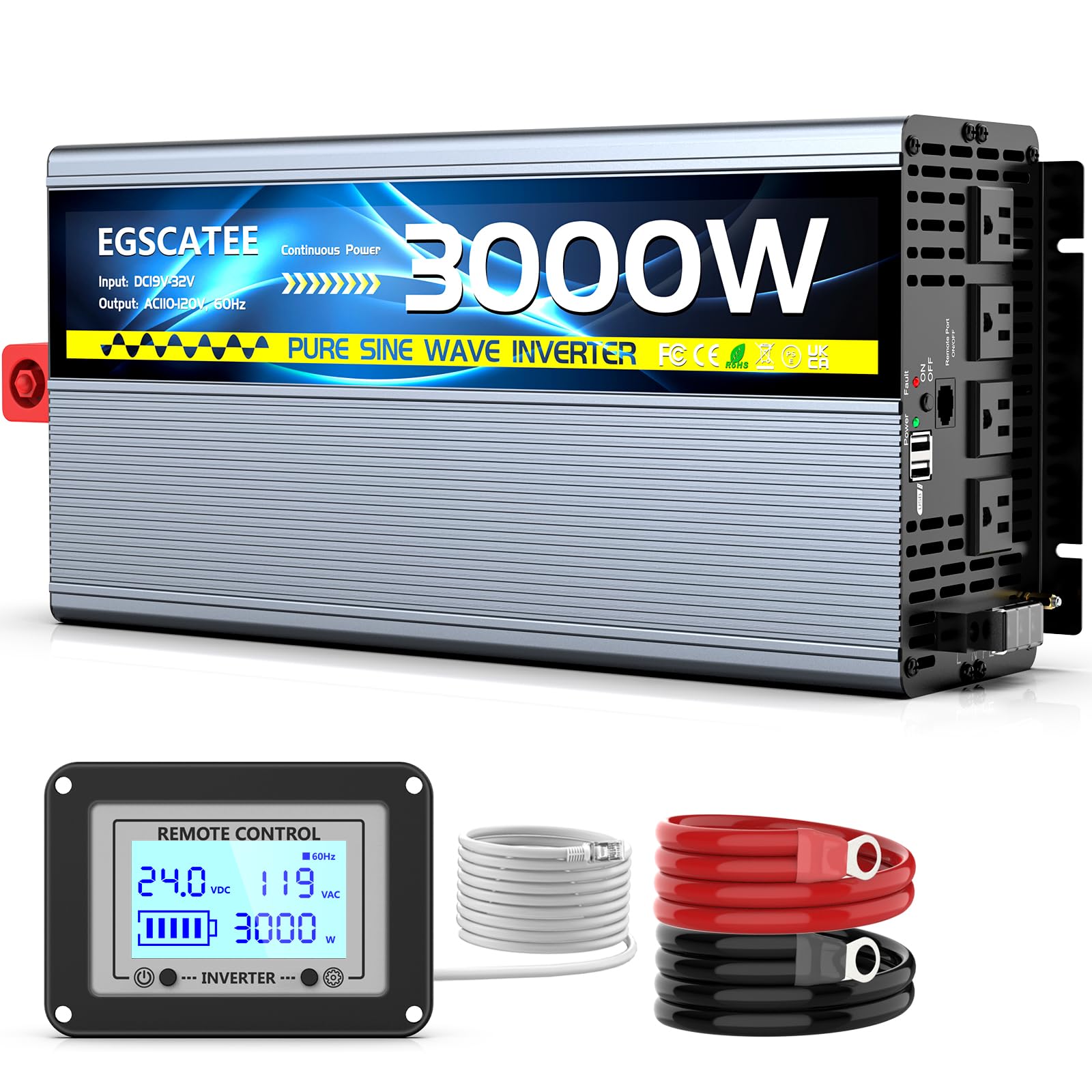 EGSCATEE 24V 3000W Pure Sine Wave Inverter with 4 AC Outlets,Dual 3.4A USB Ports, Remote Controller with LCD Screen,24V DC to 120V AC Converter for Truck, Home, RV, Peak Power 6000W Off-Grid Inverter